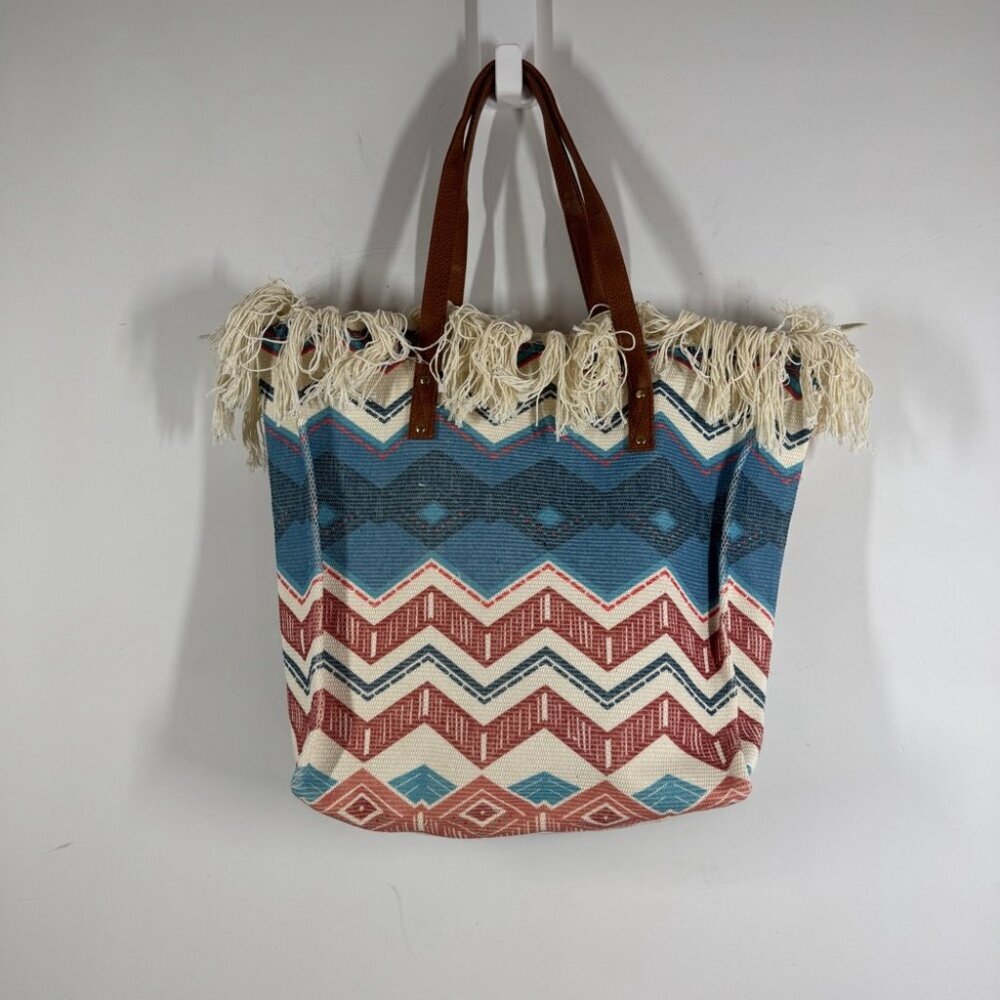 Boho Aztec Fringe Tote Bag Tribal Canvas Beach Shopper Southwest Style Summer - Picture 10 of 14